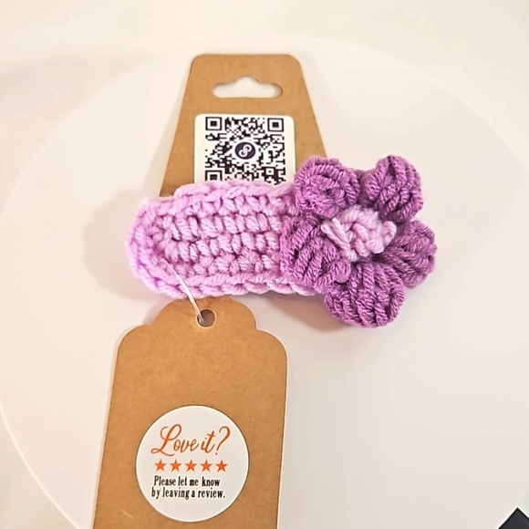 Hand Crafted Hand Knit Crochet Hair Clip Handmade Snap Clip Purple Floral Design - Picture 16 of 17